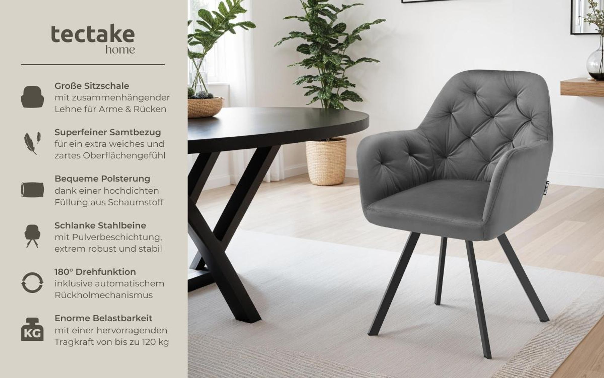 tectake® Drehbarer Samt-Armlehnstuhl Lucia gepolstert, mit Steppmuster 58 x 58 x 87 cm