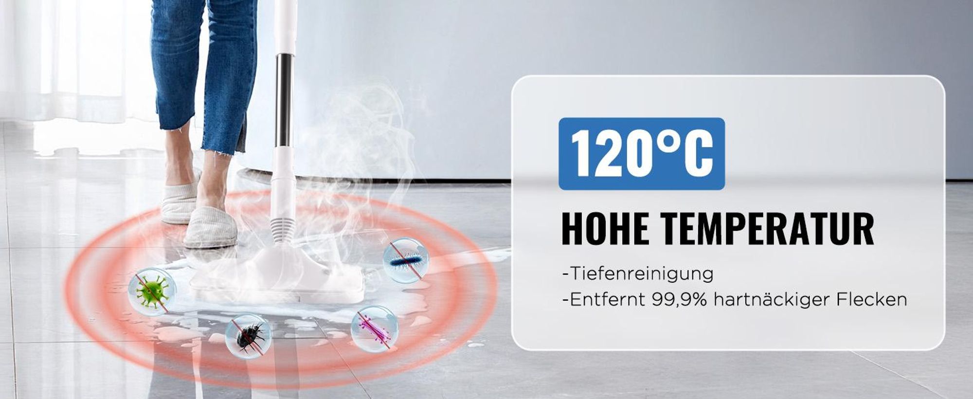 1200W Dampfreiniger, 3-Gang, 15s Aufheizzeit, 120℃ Dampfmopp mit abnehmbarem Handdampfreiniger, 500ml Tragbarer Dampfreiniger mit 14 Zubehörsätzen