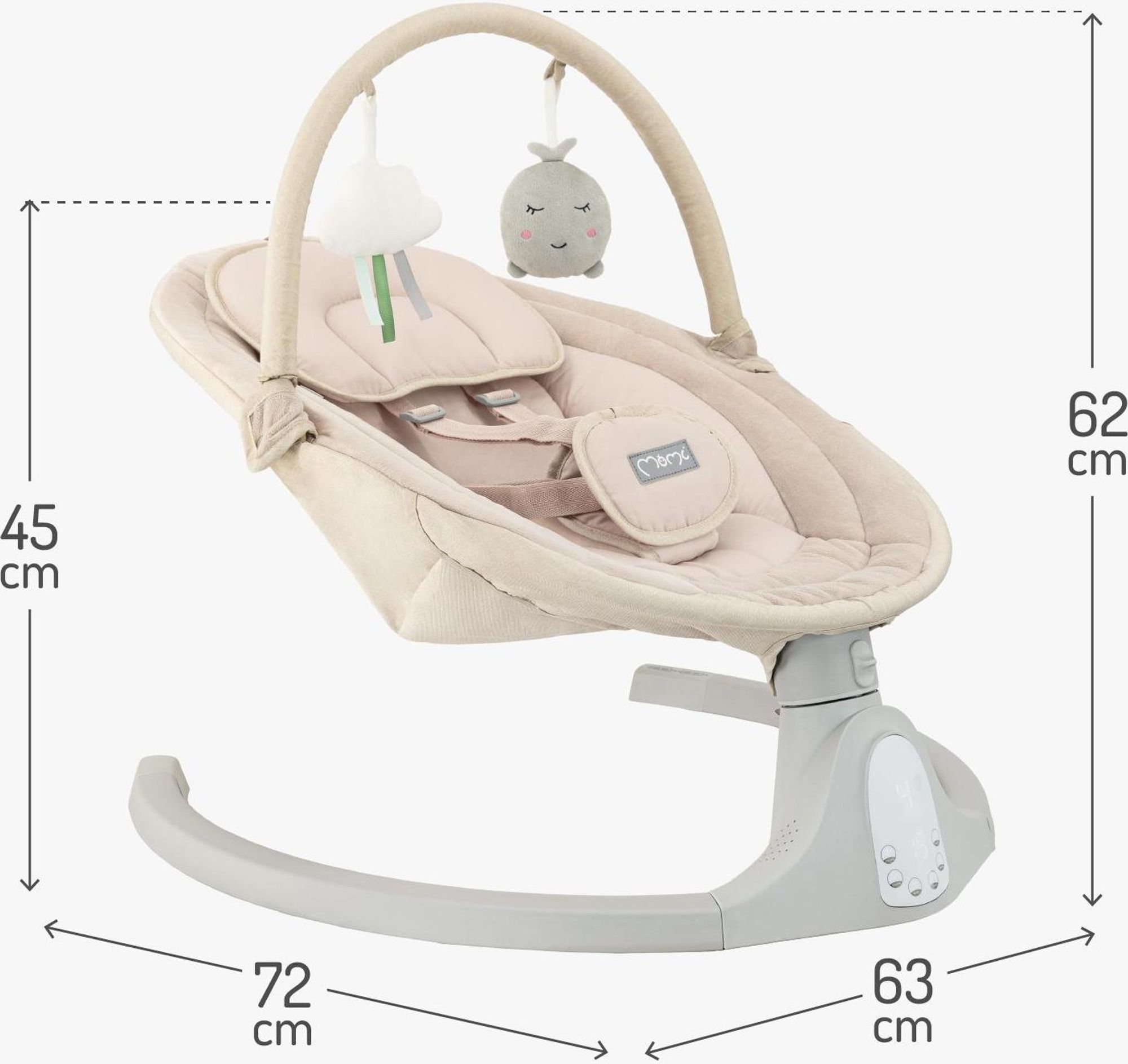 MoMi KENANI SAND – Elektrische Babywippe mit Bluetooth, Fernbedienung, LED-Display & 5 Stufen, inkl. Spielzeug – Beige