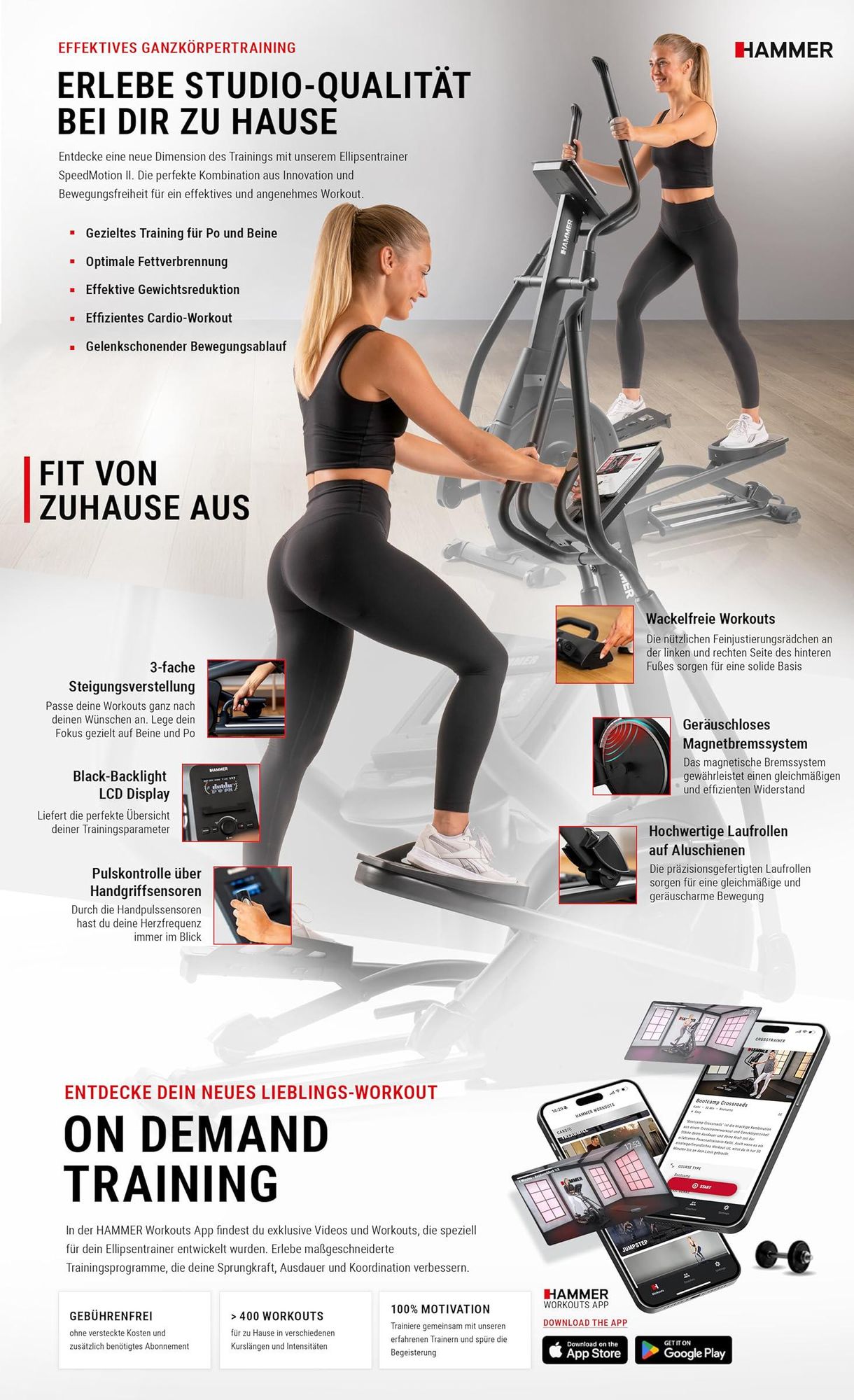 HAMMER Ellipsentrainer SpeedMotion II, 24 Programme, Kinomap, Zwift