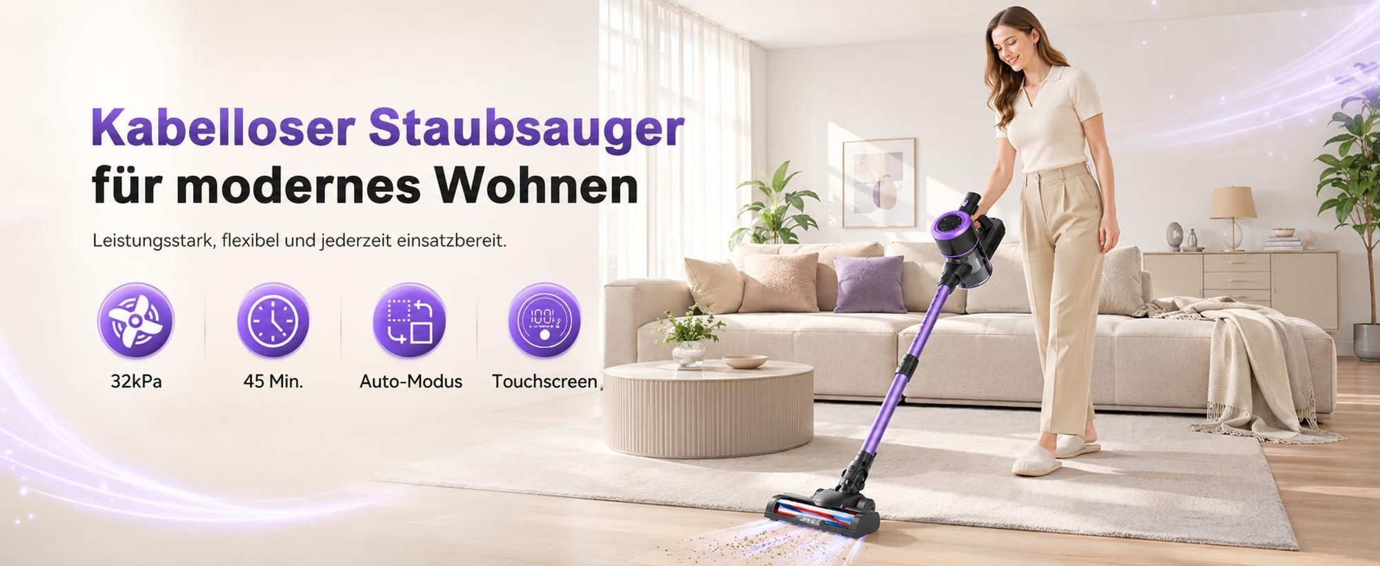 Akku Staubsauger, 500W/32000 Pa Staubsauger kabellos mit HEPA ,45 Min, kabelloser Staubsauger,Anti-Tangle-Staubsauger, Handstaubsauger für Tierhaare