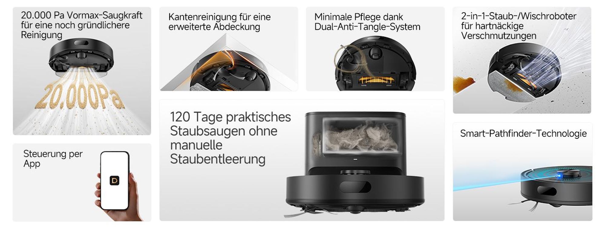 Dreame D20 Air Plus Saug- und Wischroboter mit 20.000Pa Saugkraft,Verwicklungsschutz,selbstentleerendem Dock,Teppich-Tiefenreinigung,Smart-Navigation