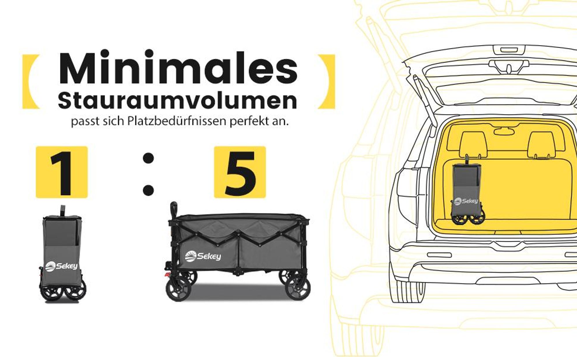 Sekey Bollerwagen faltbar 150 kg mit Bremsen, klappbarer Handwagen für Garten und Ausflug, Anthrazit