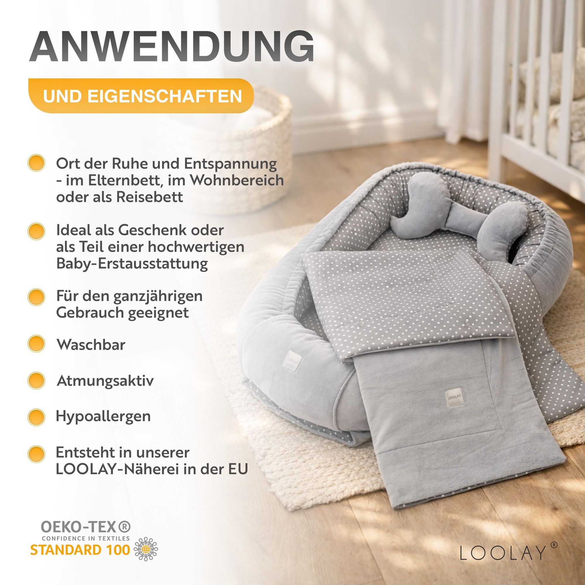 BABYNEST SET 5 tlg. BEIGE Samt Velour/ HASE EULE Baumwolle Nestchen