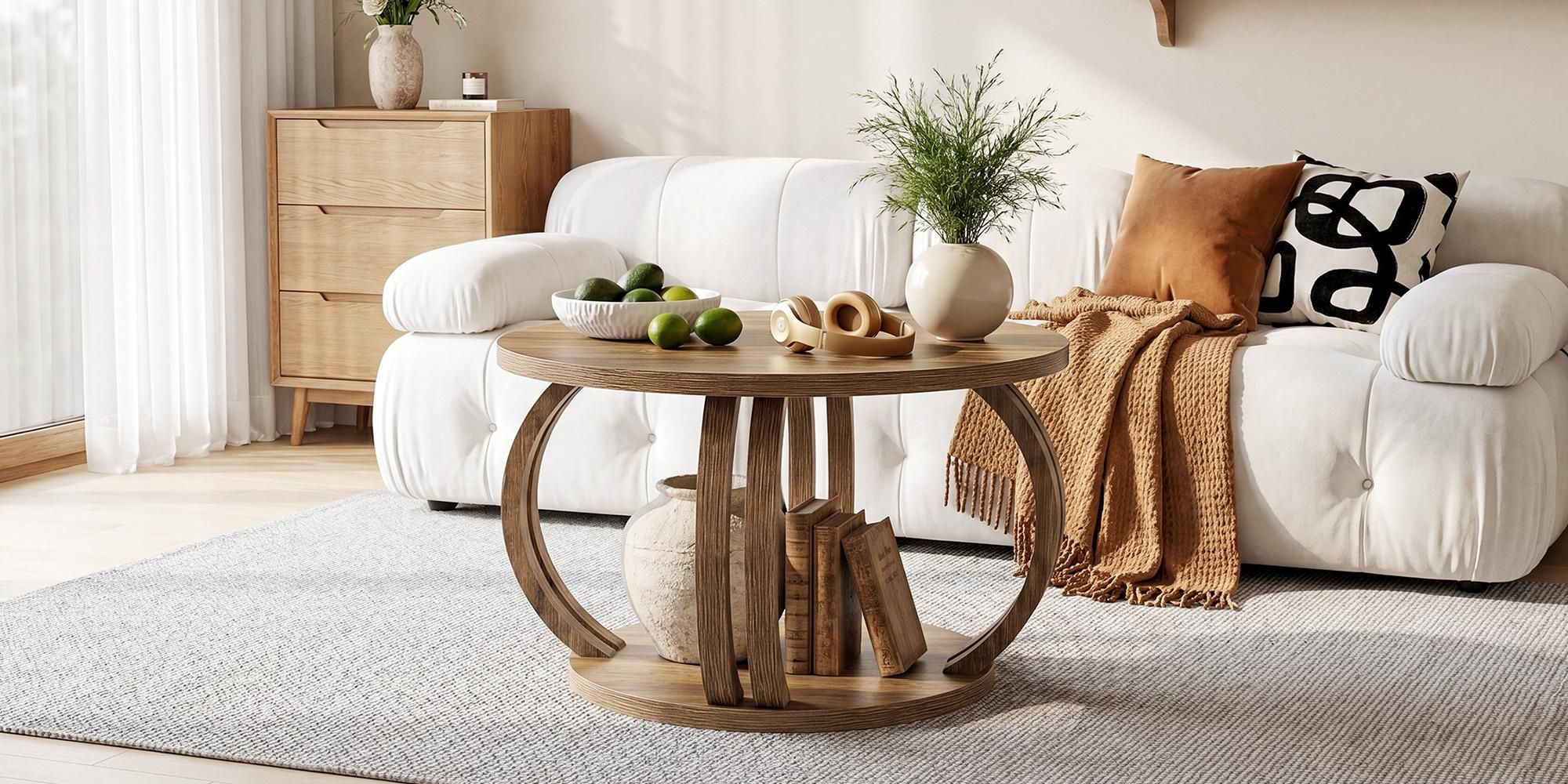 80 cm runder Couchtisch mit Stauraum, Skulptural geschwungener Fuß, 2 Ablageflächen Wohnzimmertisch, abgerundete Kanten Sofatisch