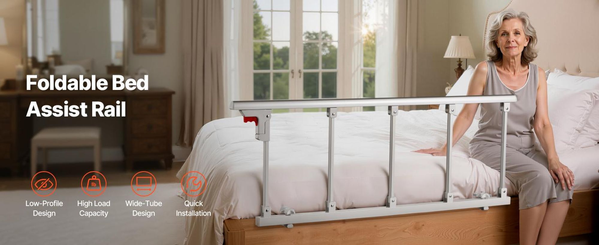 VEVOR Klappbares Bettgeländer für Senioren, 122 cm Bettseitengeländer mit Befestigungsriemen, höhenverstellbares Rohr-Bettseitengestell, hochfester Metall-Senioren-Bettbalken, Handgriff passt für King, Queen, Full, Twin, Ja, Nein
