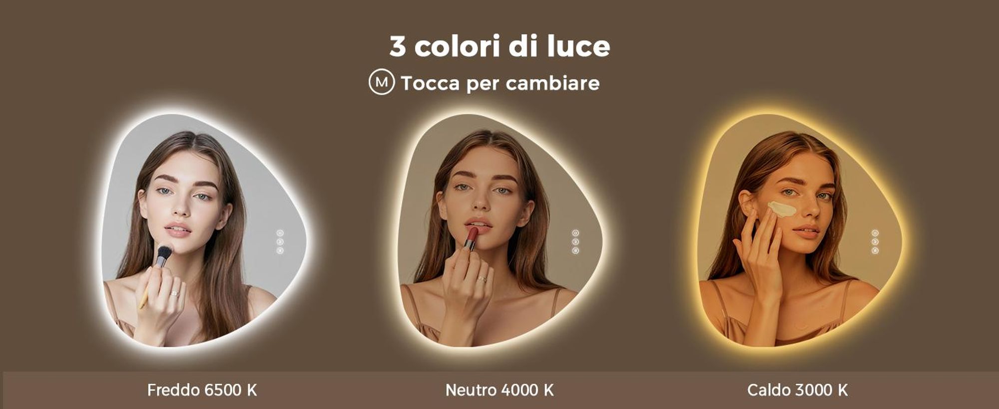 S'AFIELINA Specchio Bagno LED 60 x 70 cm, Retroilluminato, Senza Cornice, 3 colori di luce, luminosità regolabile, antiappannamento e memoria.