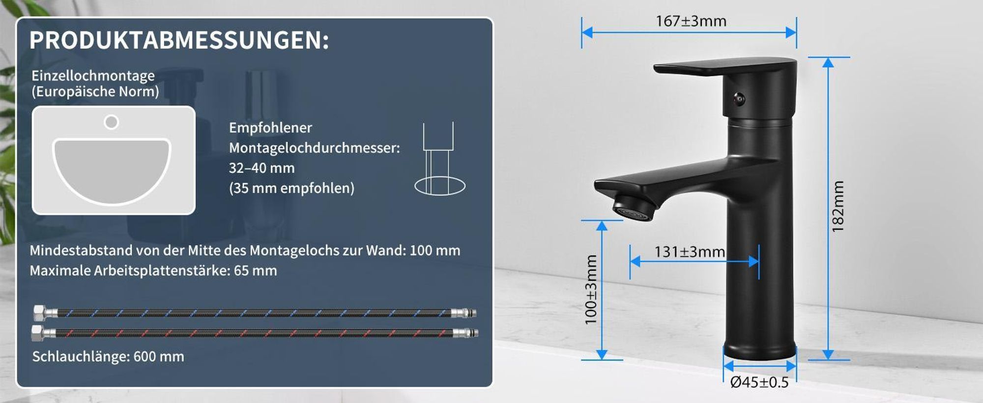 2pcs Wasserhahn Schwarz Badarmaturen mit 15° geneigtem Auslauf, Armatur für Waschbecken Waschtischarmatur wassersparend,Mischbatterie Einhebelmischer