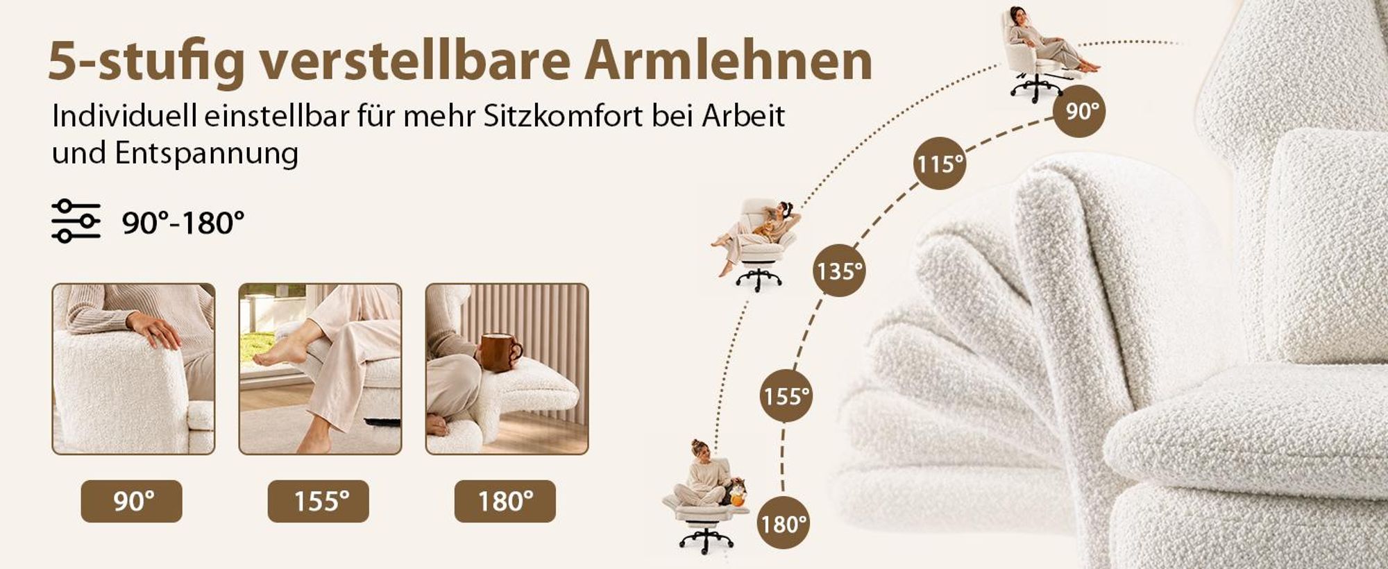 Drehstuhl Bürostuhl Ergonomisch mit klappbaren Armlehnen, Gaming Stuhl mit Fußstütze & 135° Verstellbarer Rückenlehne, Weiß -Teddy-Fleece-Stoff