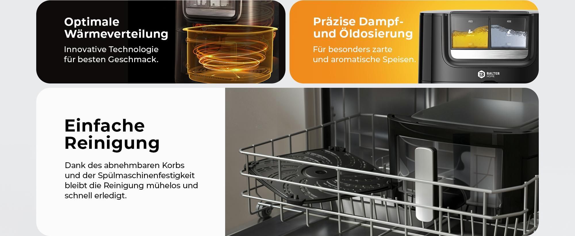 Balter Heißluftfritteuse 7,2L mit Sichtfenster, 1800W, Öl- & Wasser-Spray, Airfryer, 10 Programme, Touchbedienung, 100 Rezepte, Edelstahl, Schwarz