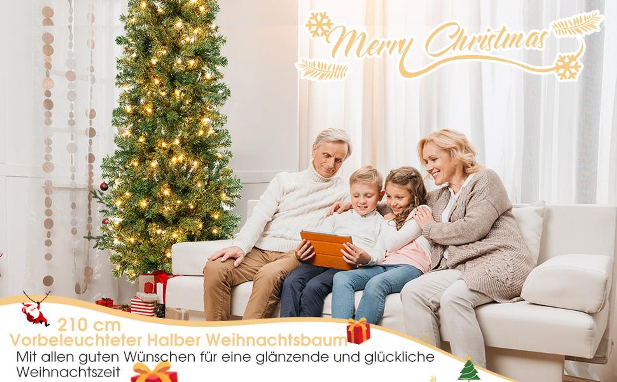 COSTWAY 210cm LED Weihnachtsbaum, platzsparender Christbaum mit 450 Zweigspitzen, 150 LED & Metallständer, schlanker Tannenbaum Kunstbaum für Innen