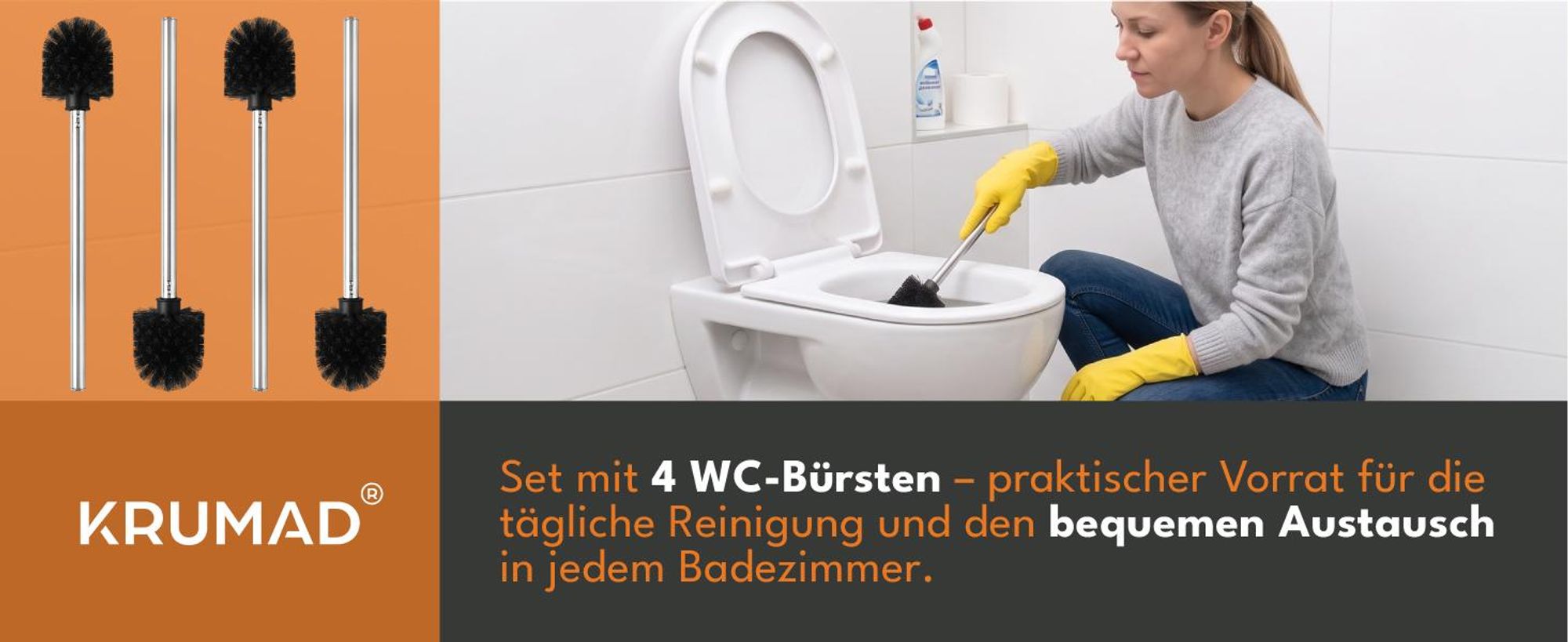 KRUMAD WC Bürsten Set 4 Stück, Toilettenbürste mit PP Borsten und Metallgriff, Klobürste mit austauschbaren Aufsätzen, schwarz für Badezimmer