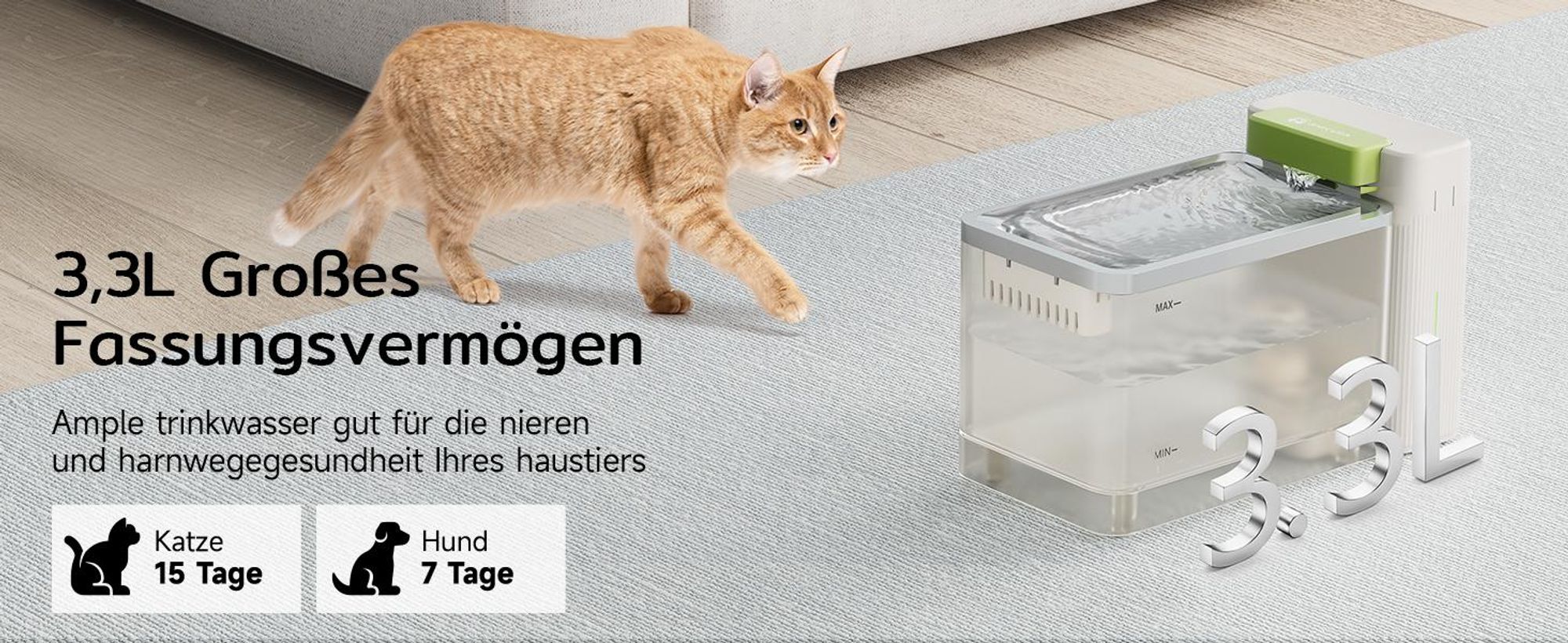 Amicura A3 Lite Trinkbrunnen für Katze mit Ultrafiltrationstechnologie - 3,3L Großer Tank, SUS316 Edelstahl-Trinkschale, ≤25dB, 100% Wasserdicht (Weiß)