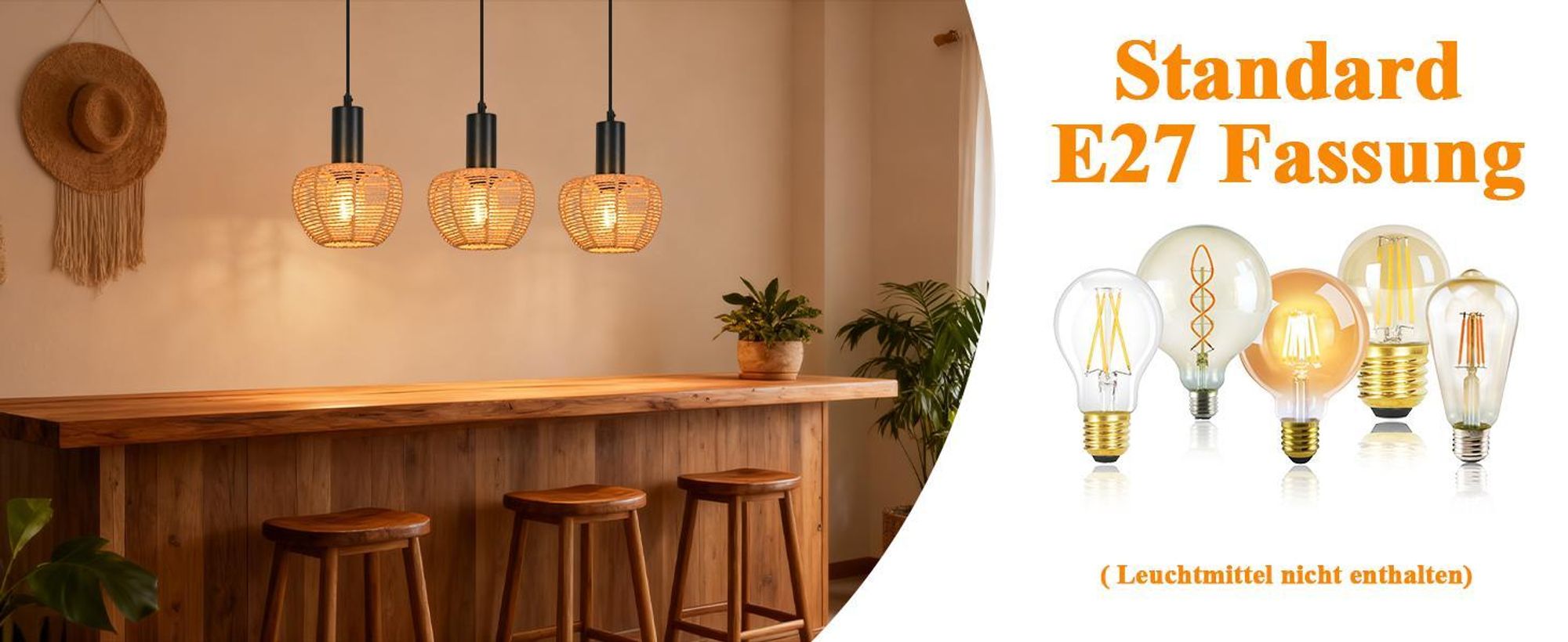 ZMH Hängelampe 3 Flammig Pendelleuchte Rattan Esstischlampe Geflochten Hängeleuchte Lampenschirm Hanfseil E27 Pendellampe für Esszimmer Schlafzimmer