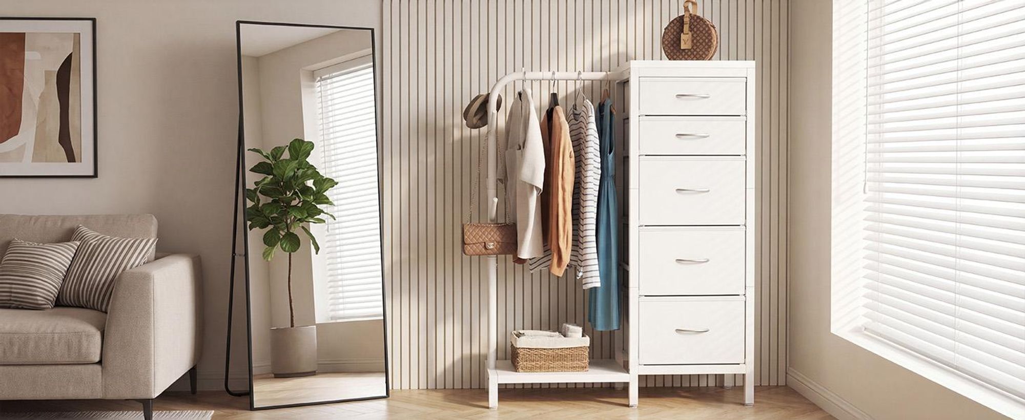 Standgarderobe Garderobenständer Kleiderständer Garderobe mit 5 Stoff Schubladen, Kommodeschrank mit Kleiderstange