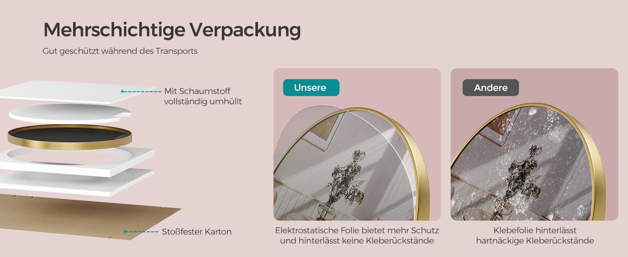 SONGMICS Wandspiegel, runder Badezimmerspiegel mit Metallrahmen, Ø 61 cm, Metallisches Gold