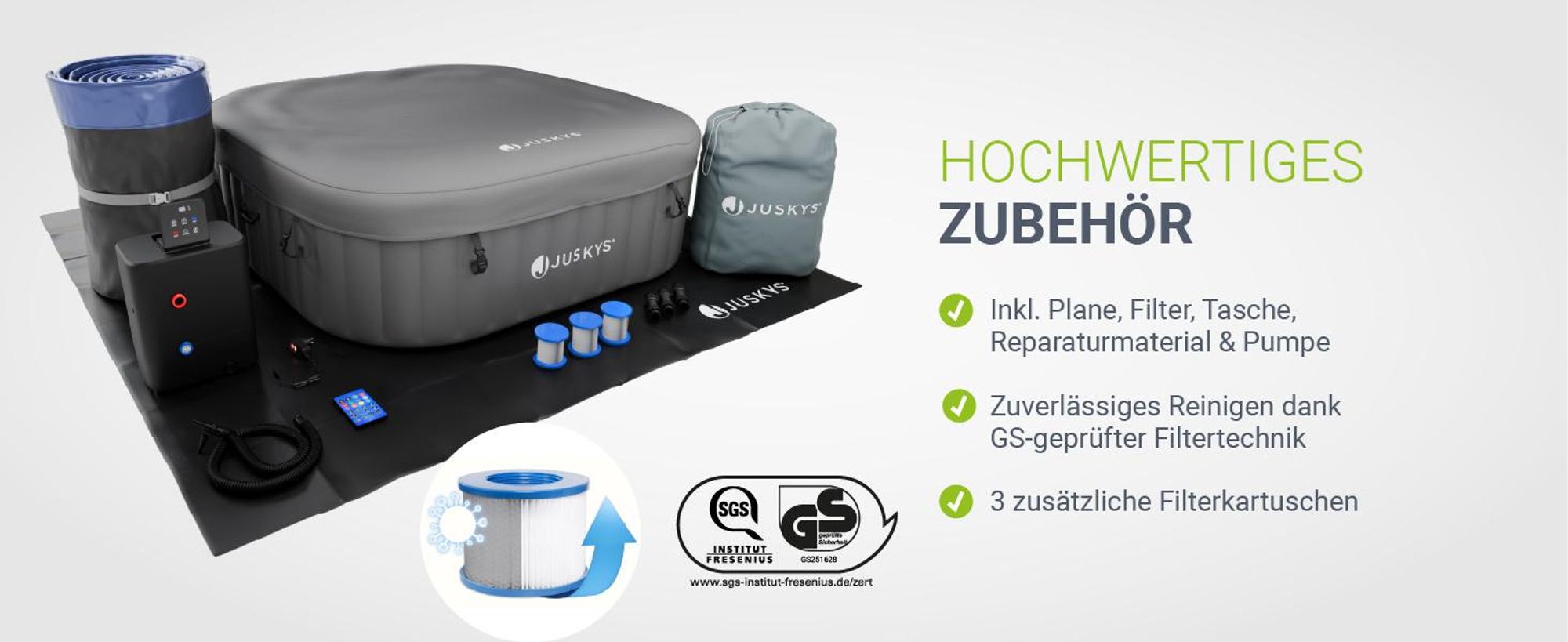 Juskys® Whirlpool SpaLuxe Grau/Blau - 3000W 130 Düsen aufblasbar 185x185x65 cm