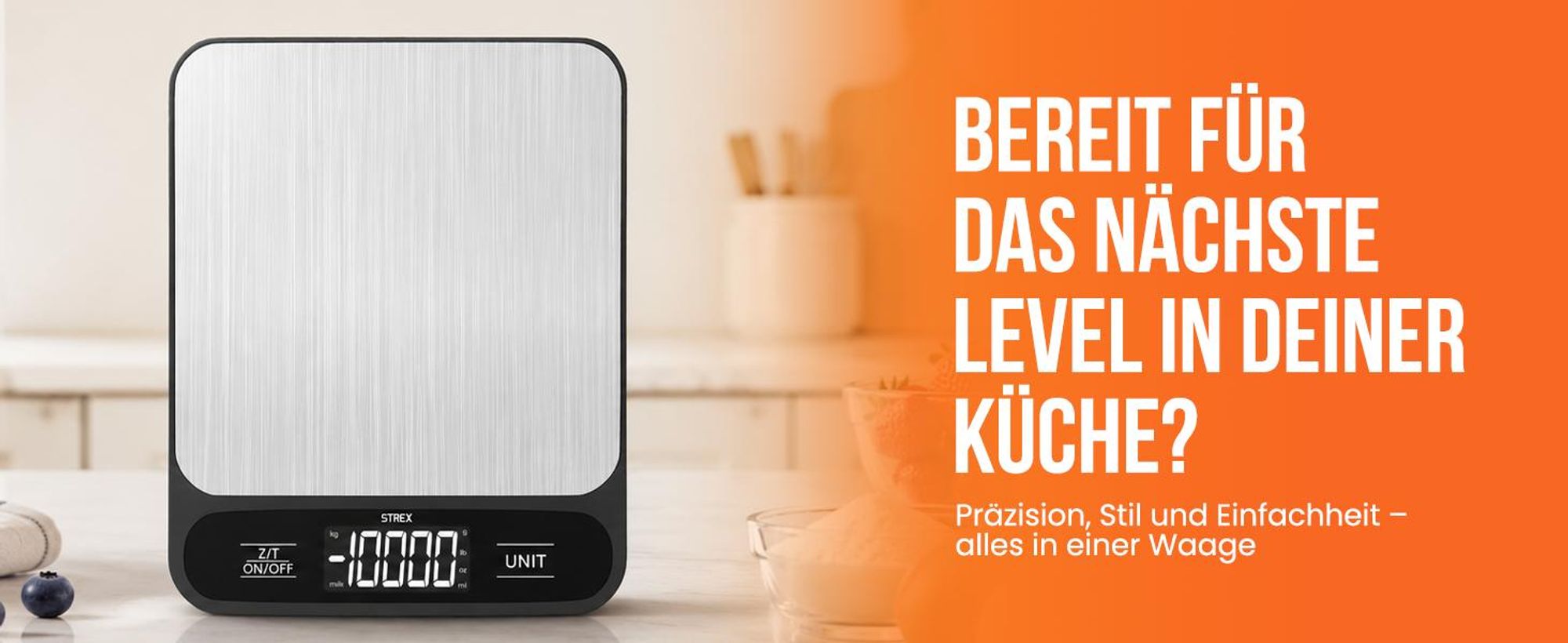 Strex Küchenwaage Digital mit 4 Präzisionssensoren - 1g bis 10kg | Edelstahl Präzisions-Küchenwaage | Inklusive Batterie mit klarem LCD-Display und Tara-Funktion