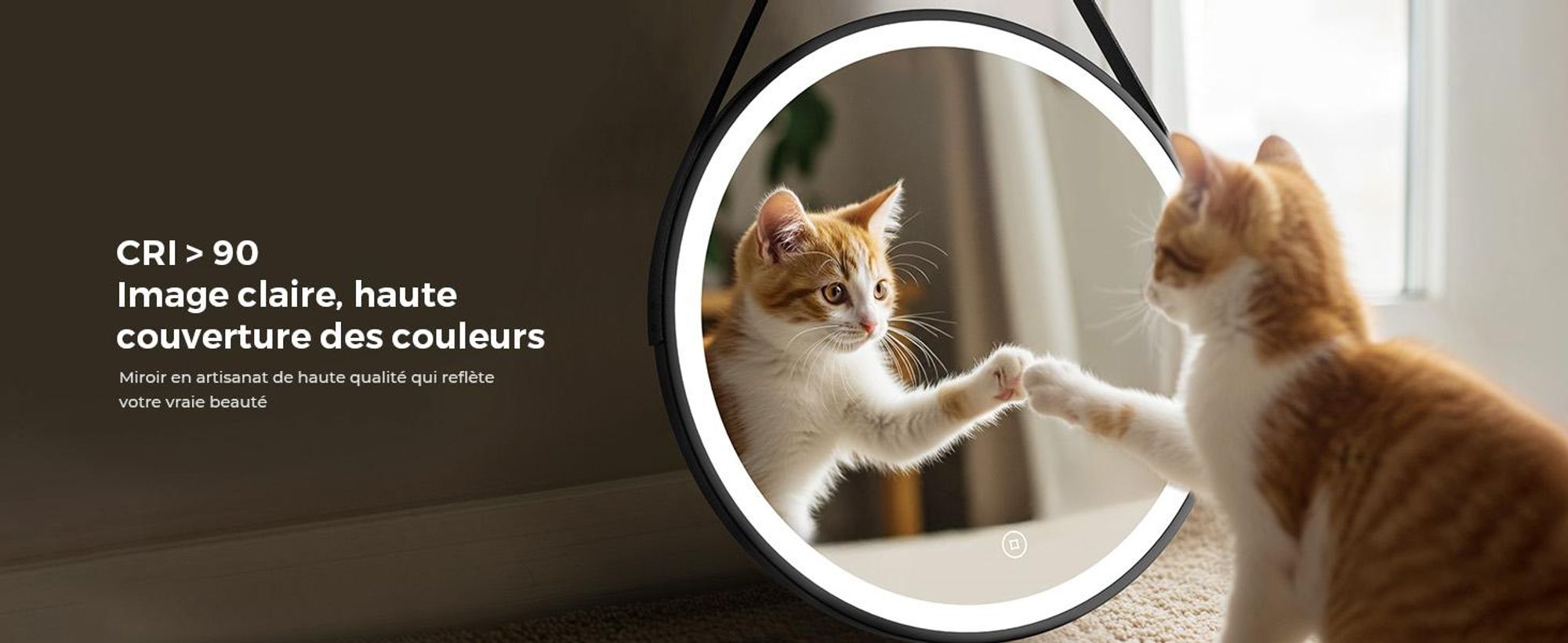 S'AFIELINA miroir de salle de bain 60cm avec éclairage rond miroir de salle de bain LED tactile et lumière blanche froide cadre noir ceinture en cuir réglable