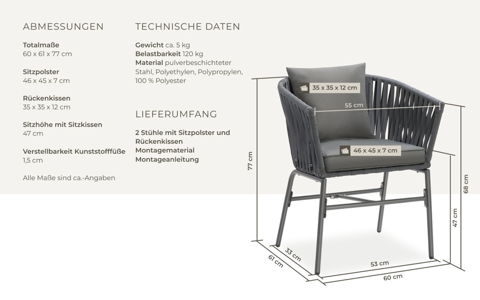 tectake® Stuhlset Valeiras im Rope-Design, dicke Polster, 60x61x77cm