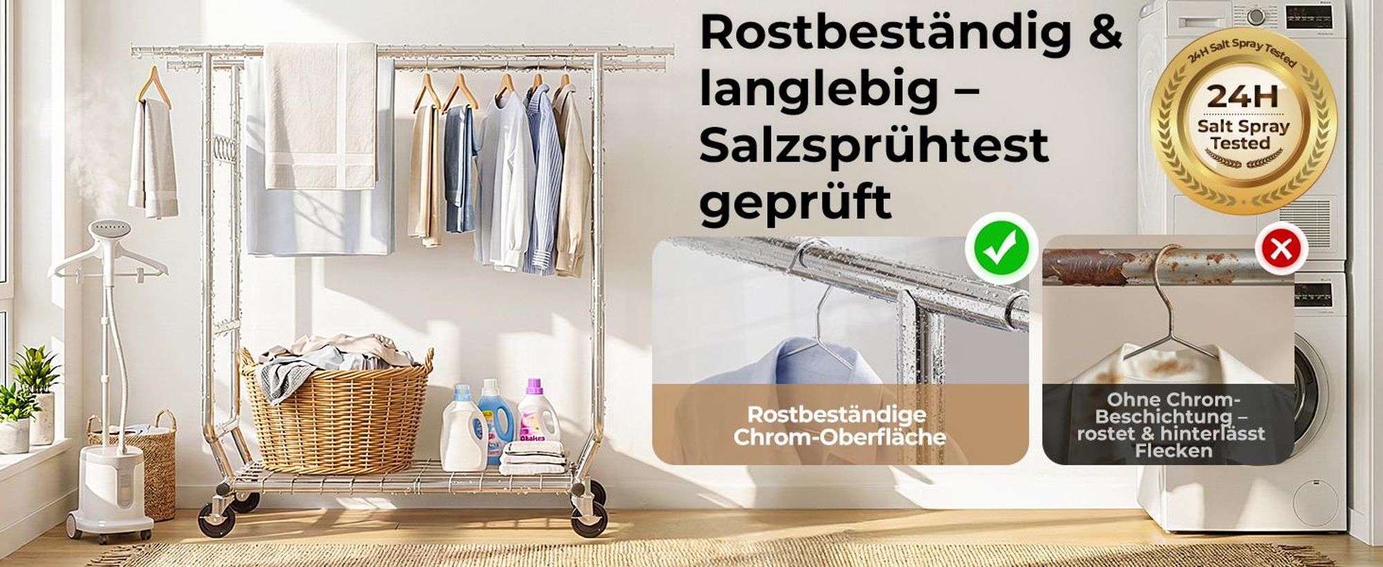 HOKEEPER Profi Doppelter Kleiderständer, bis 272 kg belastbar, Schwerlast Kleiderstange auf rollen, Industrie-Design, Garderobenständer