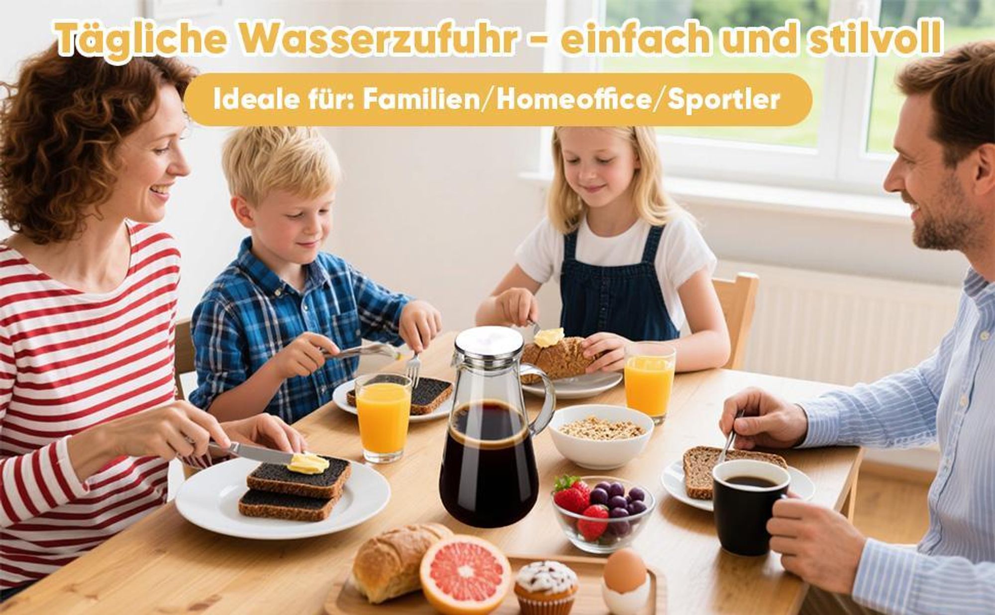 Wasserkaraffe 1,5L Glaskaraffe mit Edelstahldeckel, Bürste und Untersetzer, -20 bis 130°C Glas Krug aus hitzebeständigem Glas Wasserkrug Karaffen