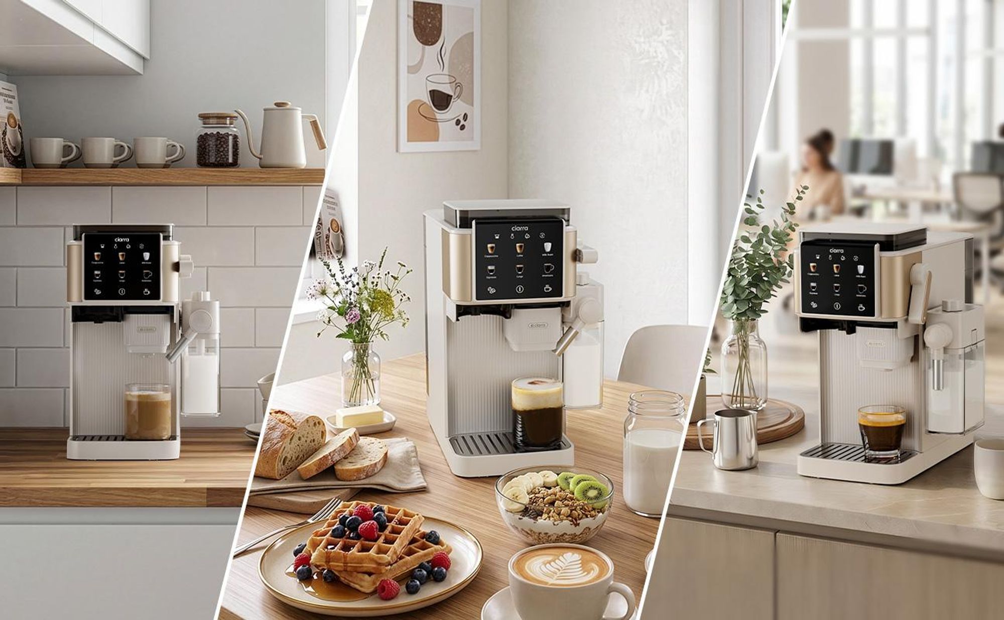 CIARRA Kaffeemaschine mit Mahlwerk Bohnen, 15 Bar, Touch-Display, Espressomaschine mit Milchaufschäumer(300 ml), 6 Mahlstufen CBSACM-D6