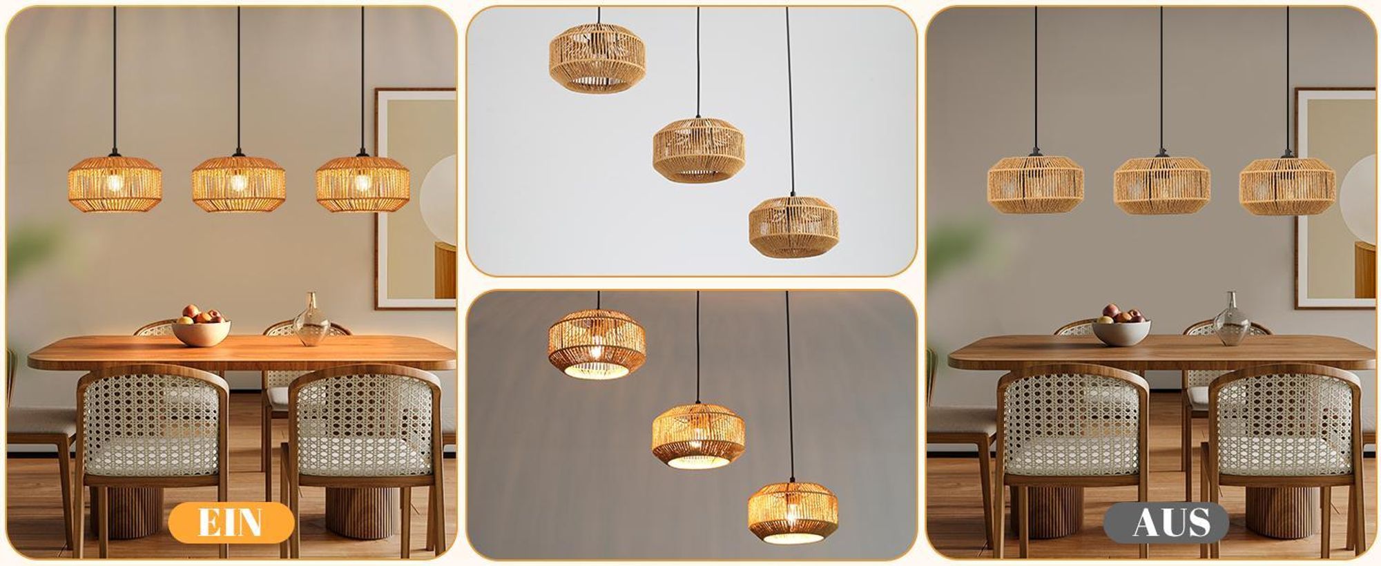 ZMH Lampe à suspendre Boho Lampe à suspendre en rotin Lampe à suspendre réglable en hauteur Lampe à suspendre 3 flammes Lampe de table à manger avec douille E27 pour chambre à coucher