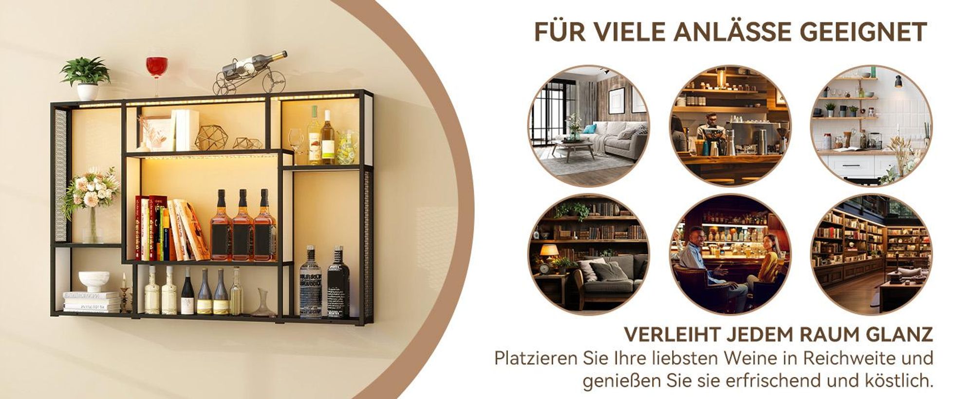 Puluomis Weinregal Wandregal mit RGB Beleuchtung 120cm MDF Holzplatte und Metallrahmen max 20kg belastbar pro Fach Wandmontage oder Stehend  weiß