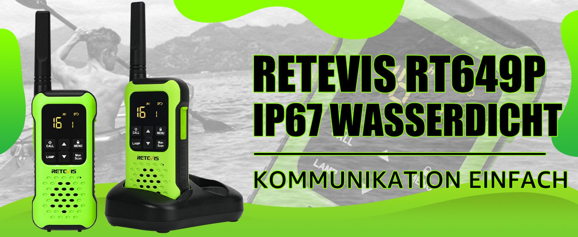 Retevis RT649P Walkie Talkie Wiederaufladbar, Wasserdichter IP67-Schwimmer, PMR 446, 16 Kanäle Lizenzfrei, LED-Taschenlampe, CTCSS/DCS VOX, Walkie Talkie-Headset für Rettung(2 Paar, Grün)