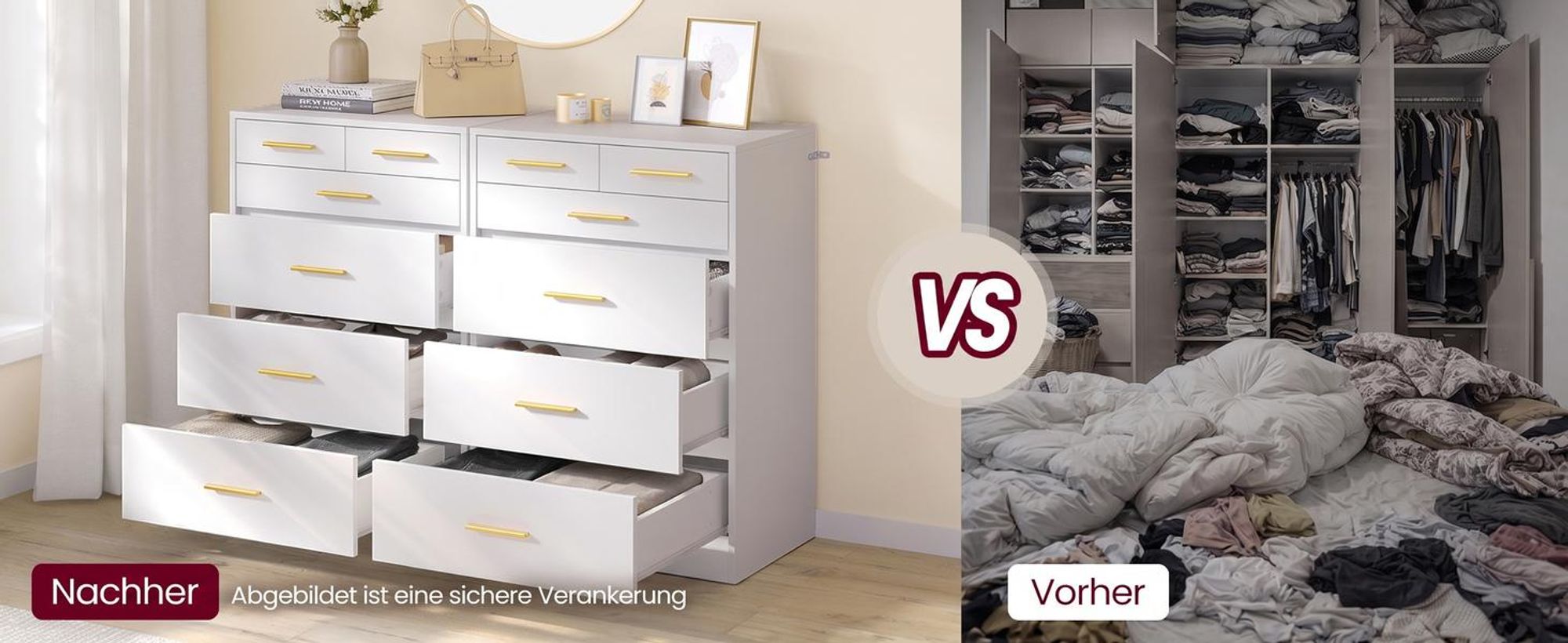 VASAGLE Kommode mit 6 Schubladen, Aufbewahrungsschrank, für Schlafzimmer, Wohnzimmer, 40 x 60.2 x 88,7 cm, weiß
