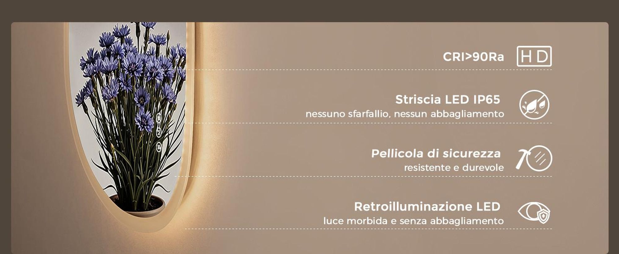 Specchio da bagno LED S'AFIELINA, 50x70 cm, asimmetrico, senza cornice, con dimmer, 3 tonalità di luce, antiappannamento, funzione di memoria, specchio da parete per bagno