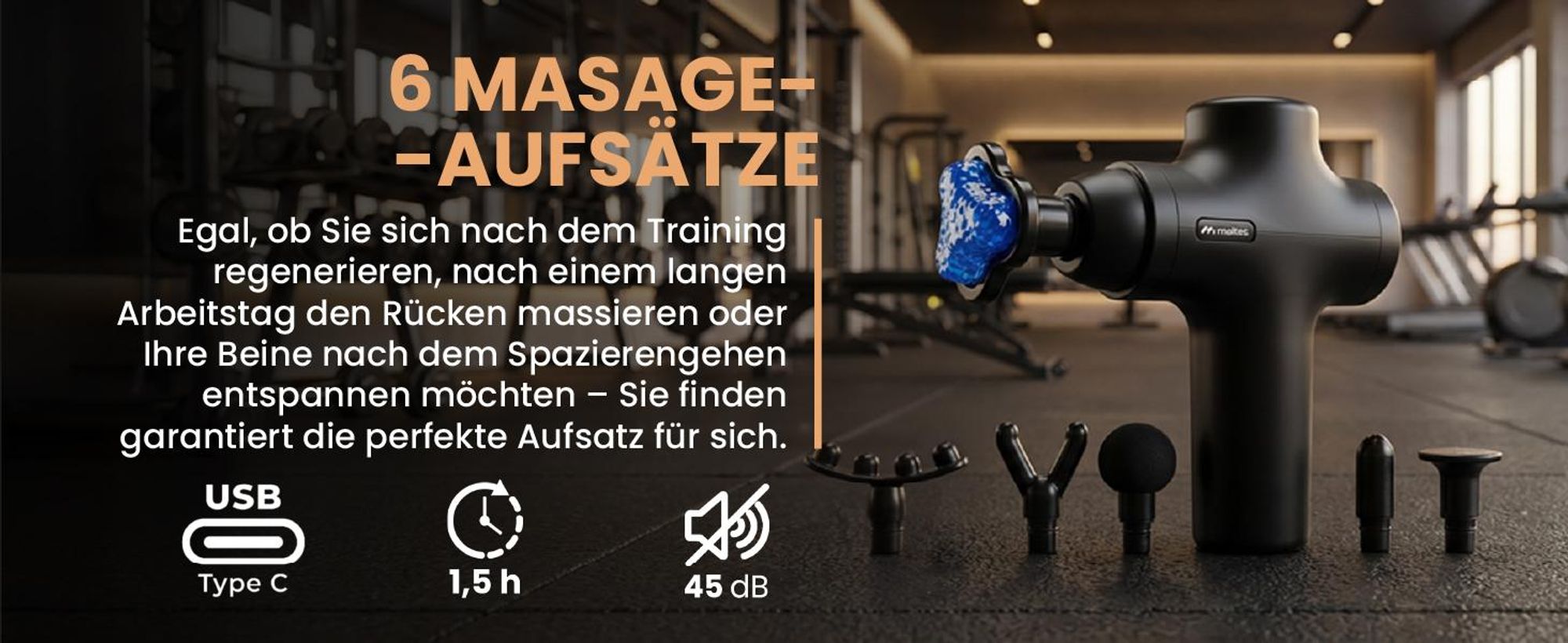MalTec Massagepistole Gun Massage Massagegerät für Körper Rücken Nacken Schulter 6 Aufsätze 4 Geschwindigkeiten