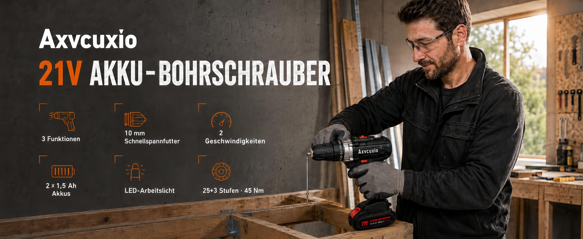 3-in-1 Akku schrauber,21V Akku Bohrschrauber Set,Schlagbohrmaschinen mit LED,45Nm Max,Schrauber mit 2x1500mAh Akkus,Koffer und viel Zubehör,Schwarz