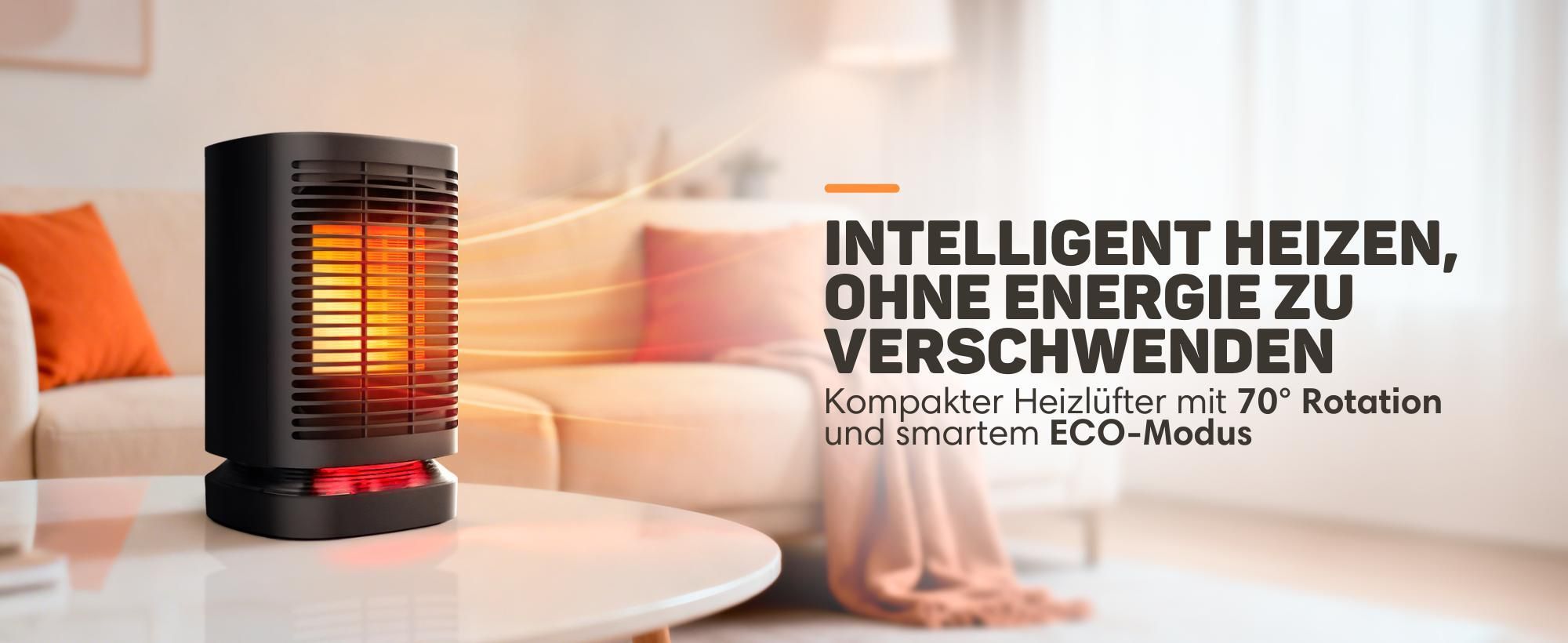 Vulpes Goods Keramik Heizlüfter - Keramik Heizung - 950 Watt Heizung - Oszillation 70° - 3 Leistungsstufen - Elektrischer Heizlüfter - Heizlüfter - Schwarz