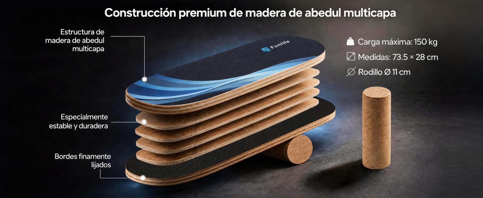 FunLife, tabla de equilibrio WAVE de madera de abedul con rodillo – entrenador de equilibrio para el fortalecimiento del core, la coordinación, y el entrenamiento de surf, skate y snowboard