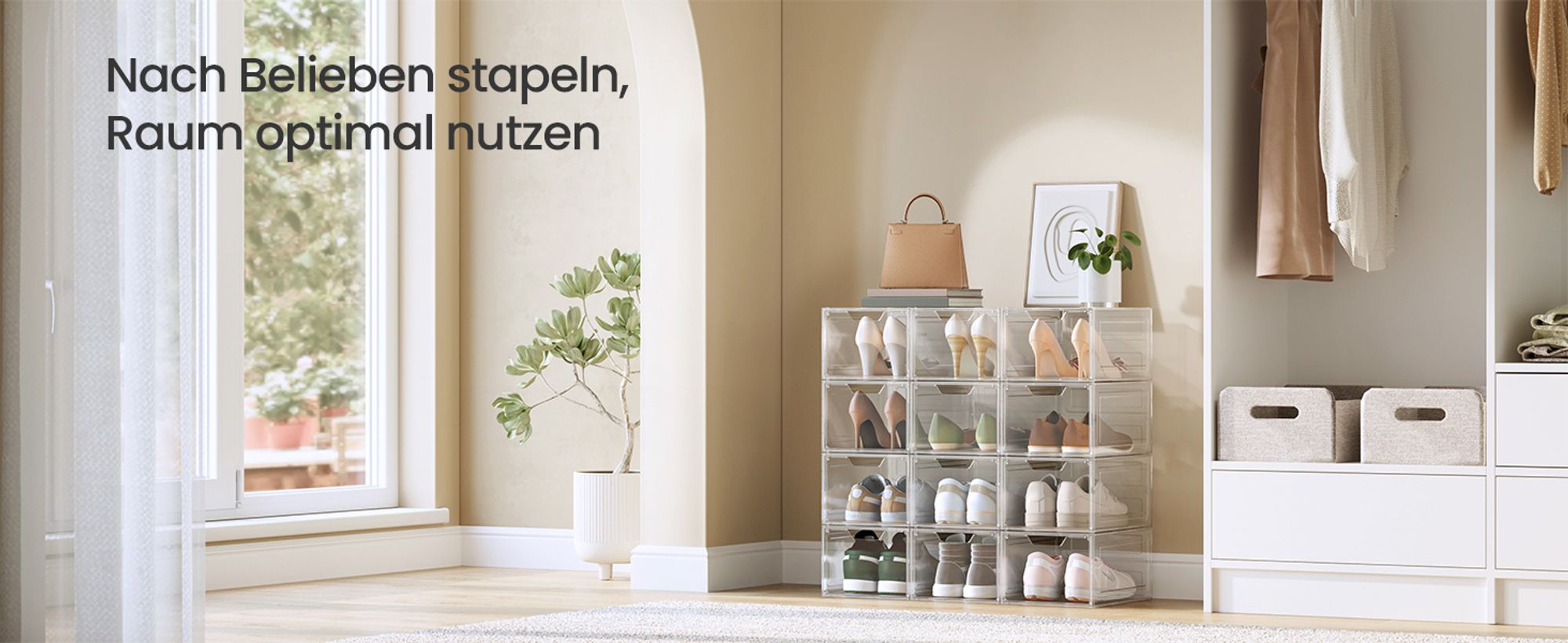 SONGMICS Schuhboxen  Schuh-Organizer mit Tür 12er Set stapelbar bis Größe 45 schwarz