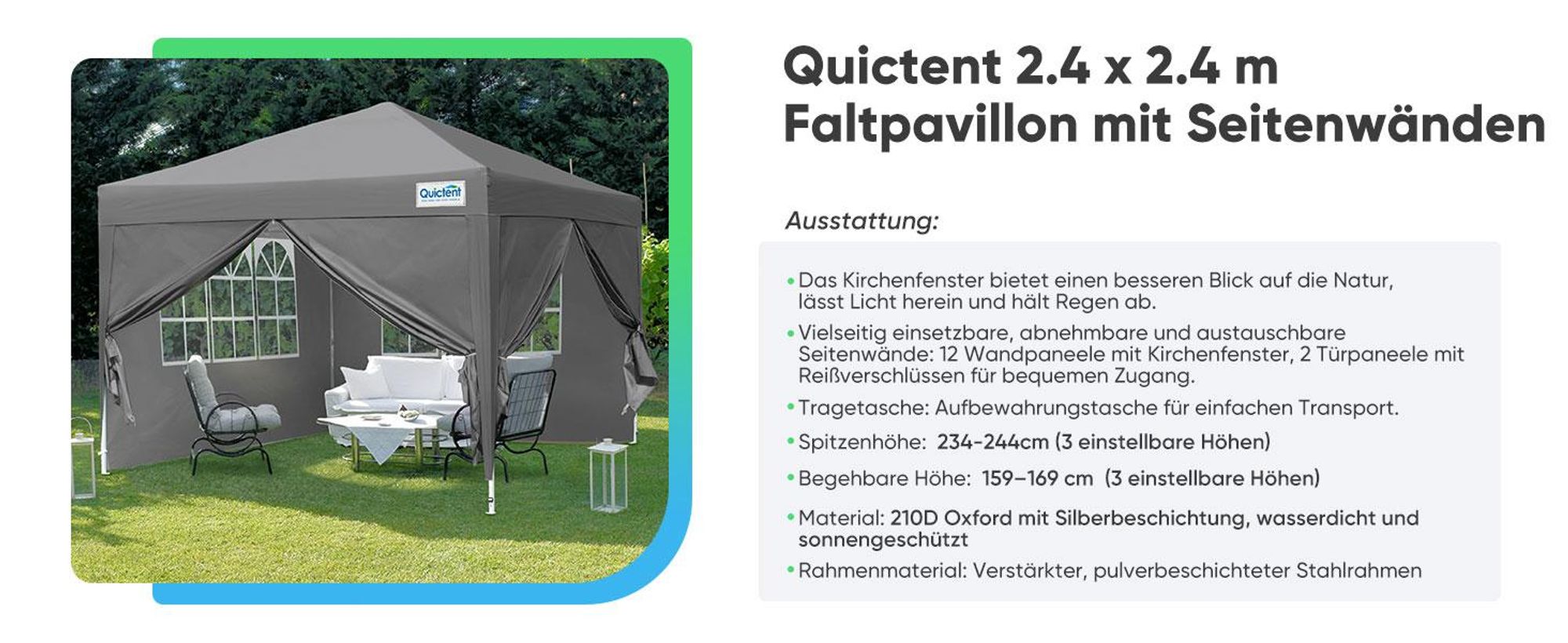 Quictent Pavillon, 2.4x2.4m Faltpavillon mit 4 Seitenteilen, Wasserdicht Gartenpavillon,Partyzelt Gartenzelt für Fest und Flohmarkt Grau