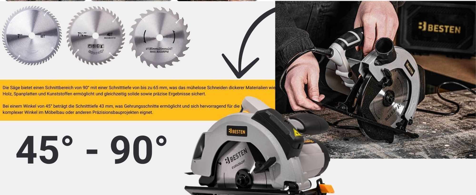 Handkreissäge 2000W für Holz, Laserführung, 3× Sägeblatt, elektrische Kreissäge