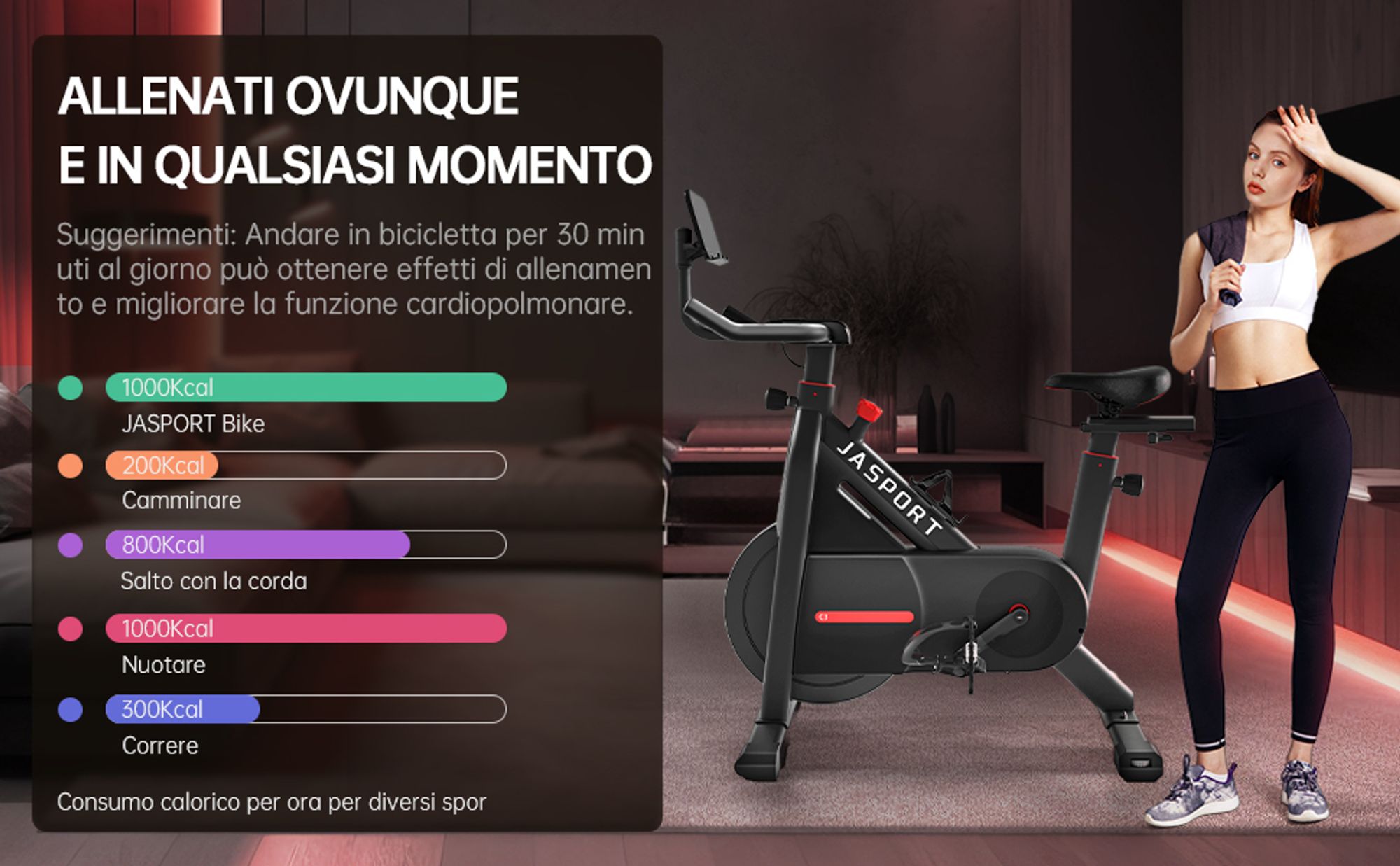 JASPORT C3 – cyclette smart da casa, resistenza magnetica, silenziosa, volano 7,5kg, app con corsi video on demand