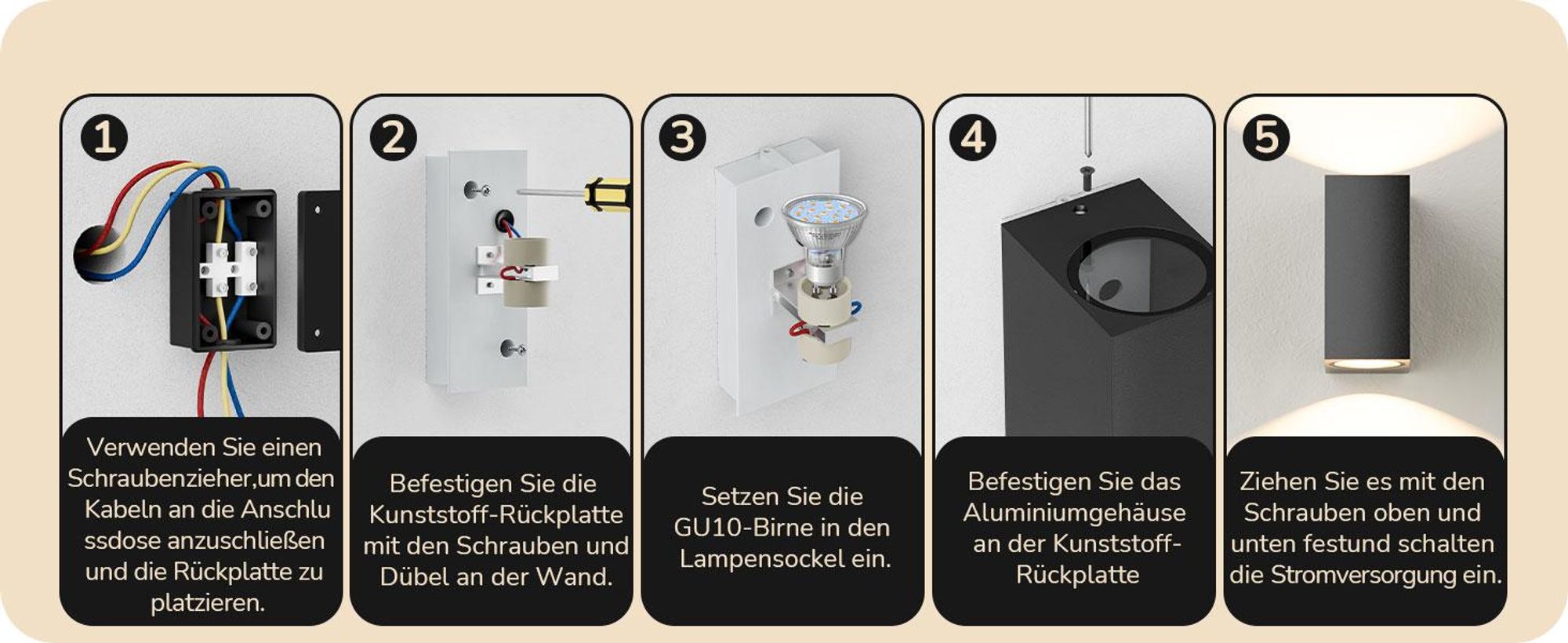 EDISHINE 2er LED Wandleuchte Aussen Schwarz, Up-Down Wandlampe Einstellbarer Lichtstrahl, IP44 spritzwassergeschützt