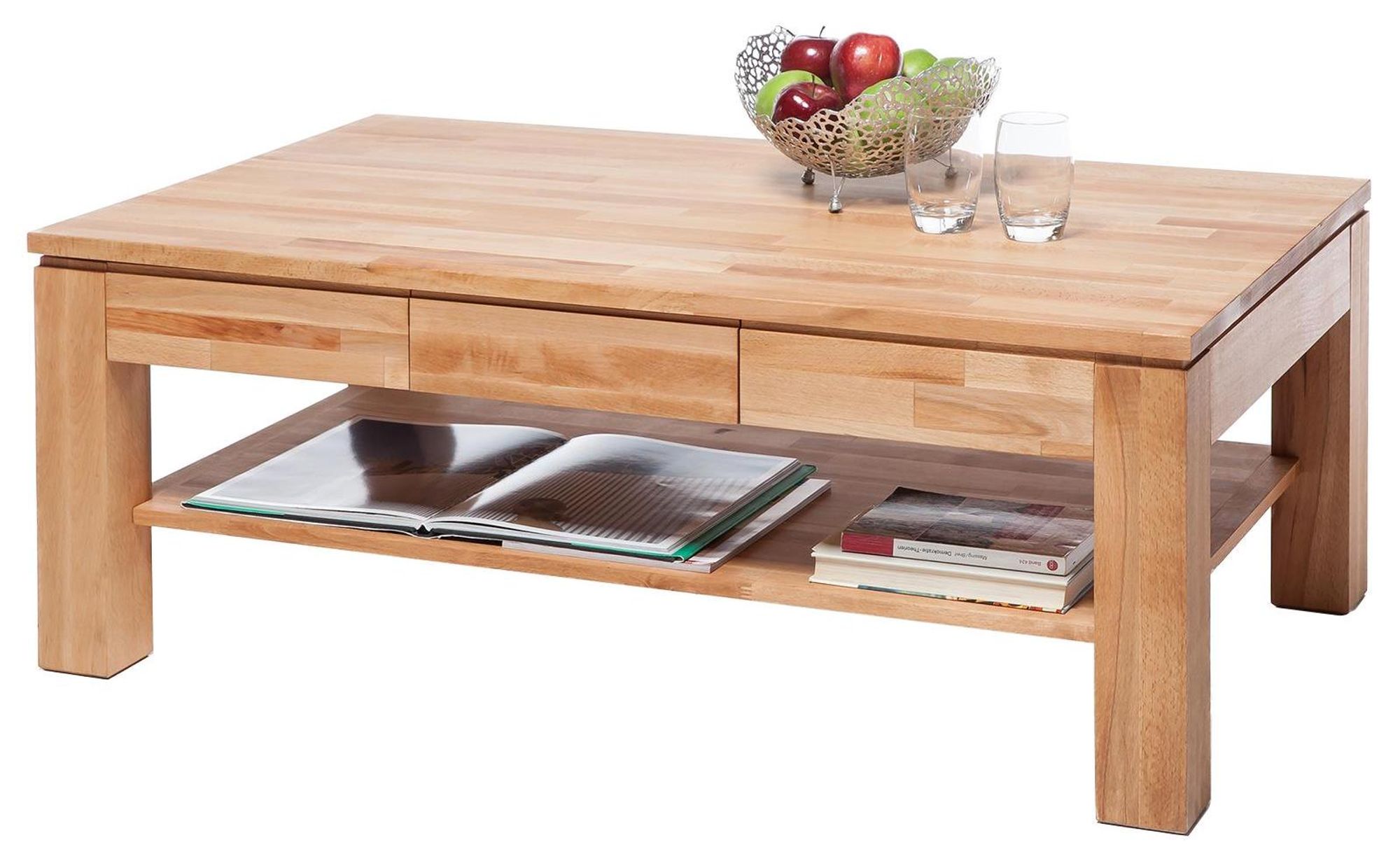 Kennan I – Couchtisch aus Massivholz mit Ablageboden und Schubkasten