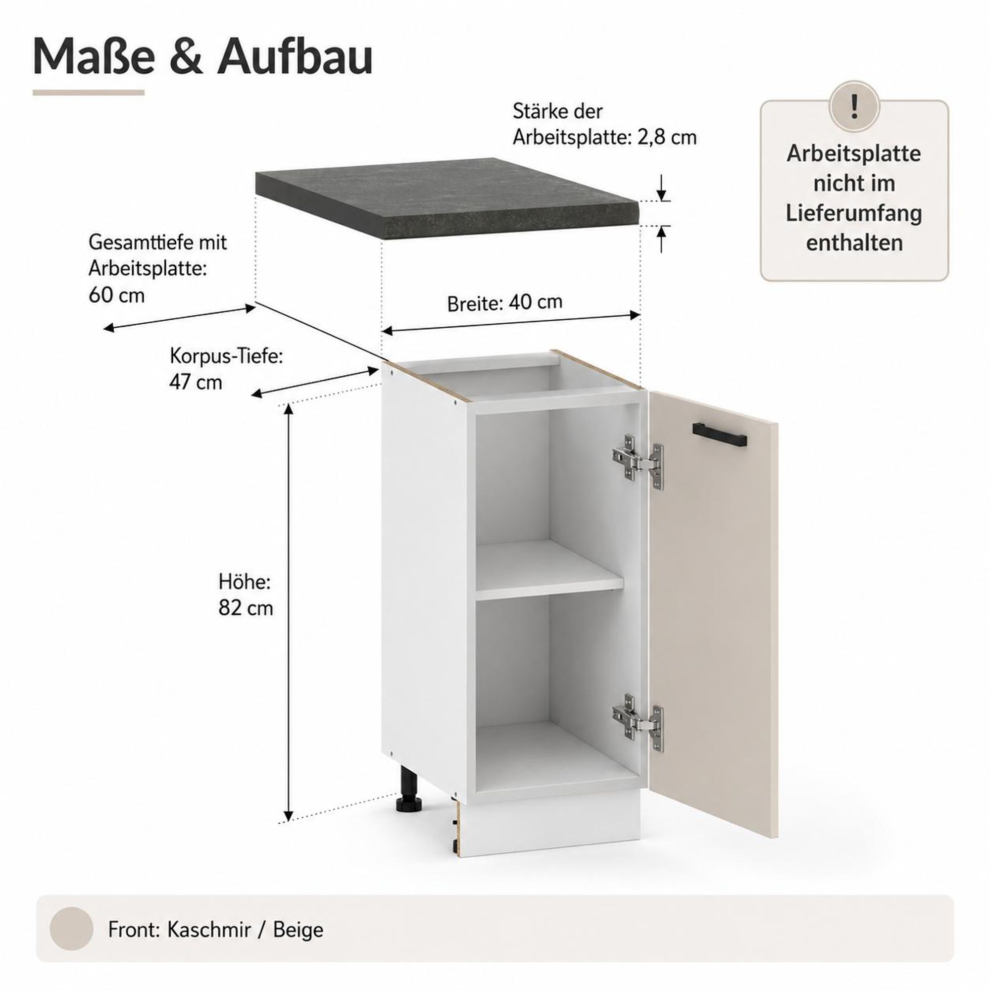 Küchenunterschrank 40 cm Kaschmir Beige: Maße 82 cm Höhe, 47 cm Tiefe & Korpusaufbau.