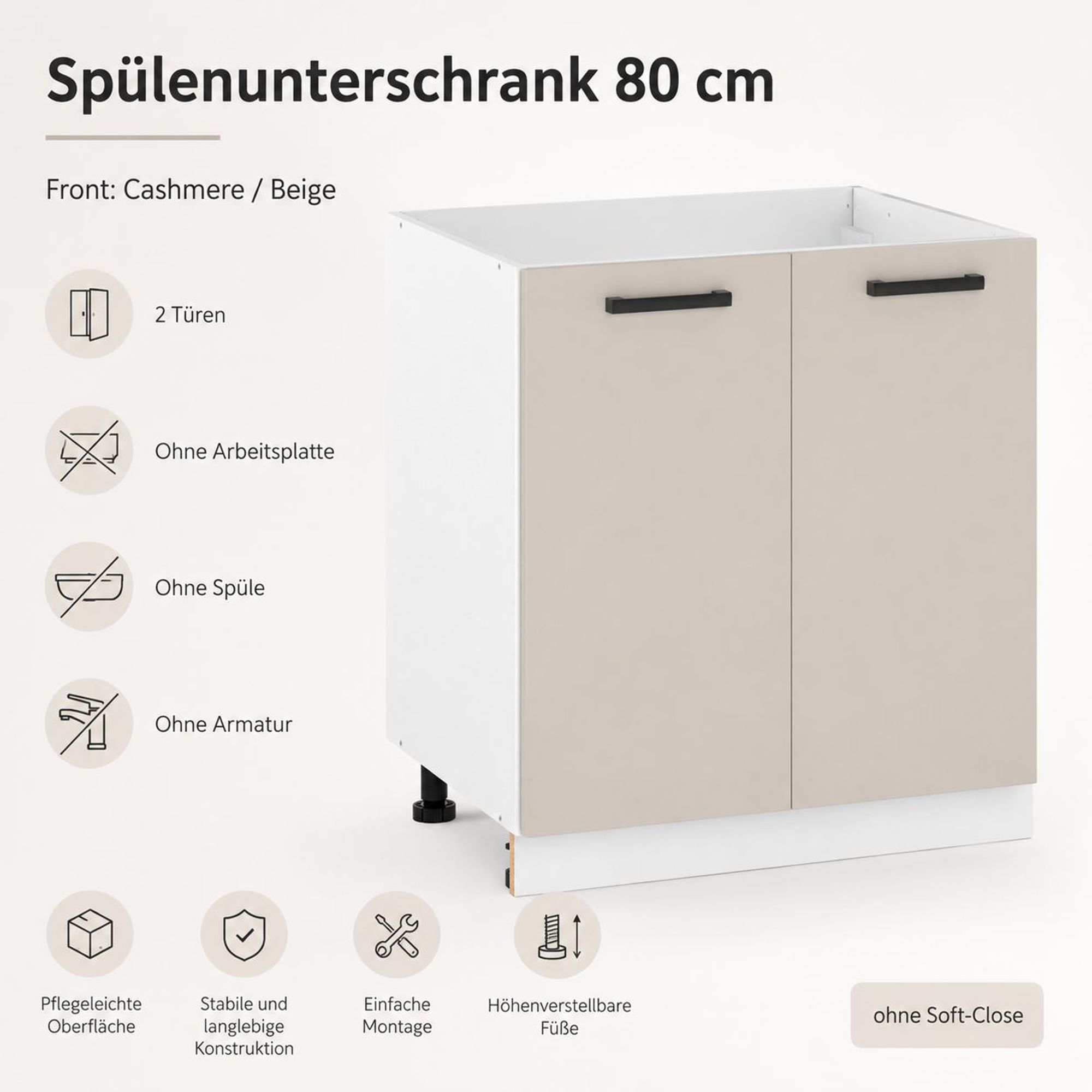 Spülenunterschrank 80 cm Kaschmir Beige: 2 Türen, schwarze Griffe & höhenverstellbare Füße.
