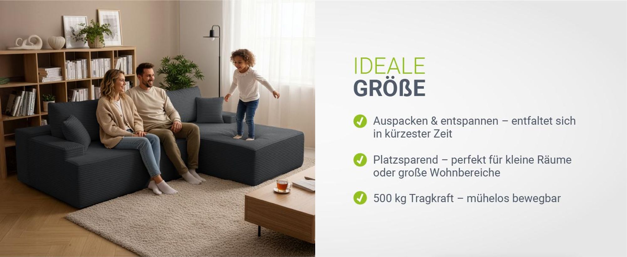 Juskys Sofa Coredo - Dunkelgrau, moderne Couch aus Cord mit Kissen, Ottomane rechts