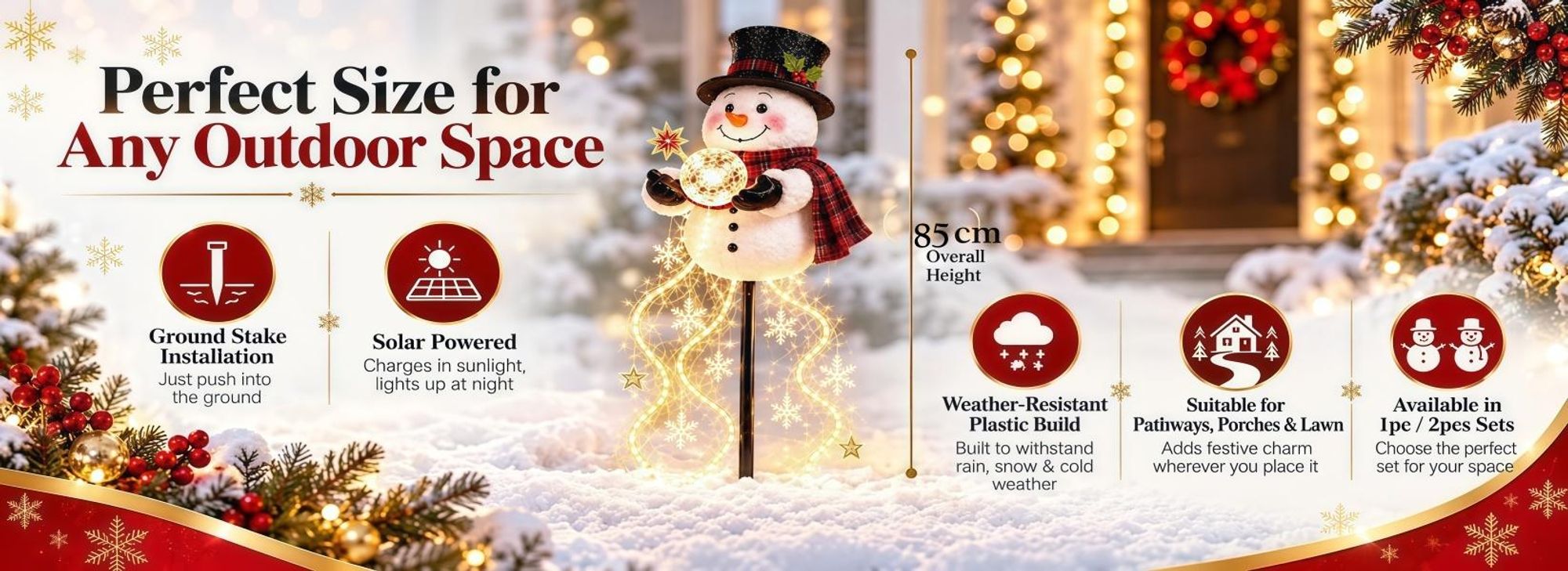 Weihnachts Schneemann Gartenstecker, solarbetrieben, warmweiße LED, Leuchtkugel, Schneeflocken & Sterne, Weihnachtsdeko für Garten, Beet,Terrasse,22cm