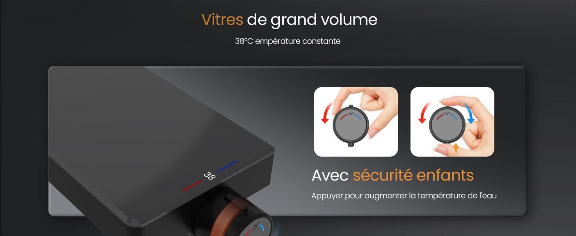 EMKE® Système de doucheavec thermostat Douche de pluie ronde avec support en verre de 40 cm, robinetterie de salle de bains & douche, douchette à main 3 jets + bec inférieur Noir F22
