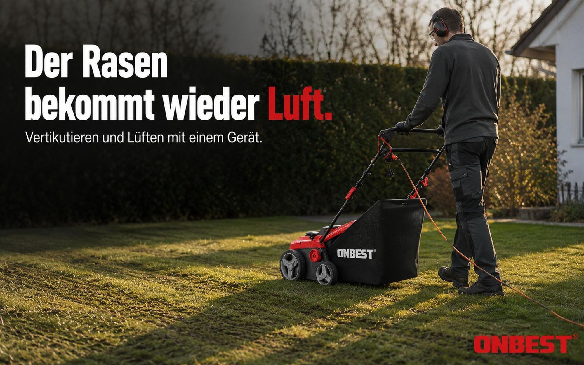 ONBEST Vertikutierer Elektro S1838 | 2in1 Rasenlüfter | 38 cm Arbeitsbreite | 1800 W | 24 Federkrallen | 16 Doppelmesser