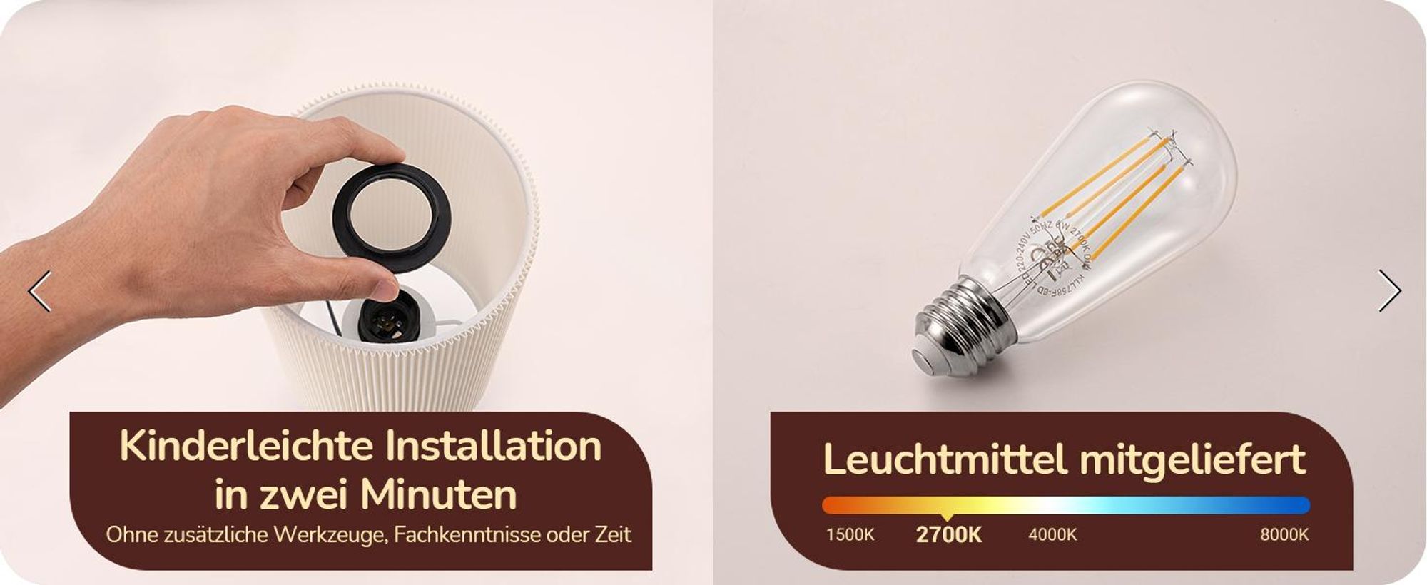 EDISHINE LED Nachttischlampe 2er Set Touch Dimmbar, Tischlampe mit Ladefunktion, Gold beige