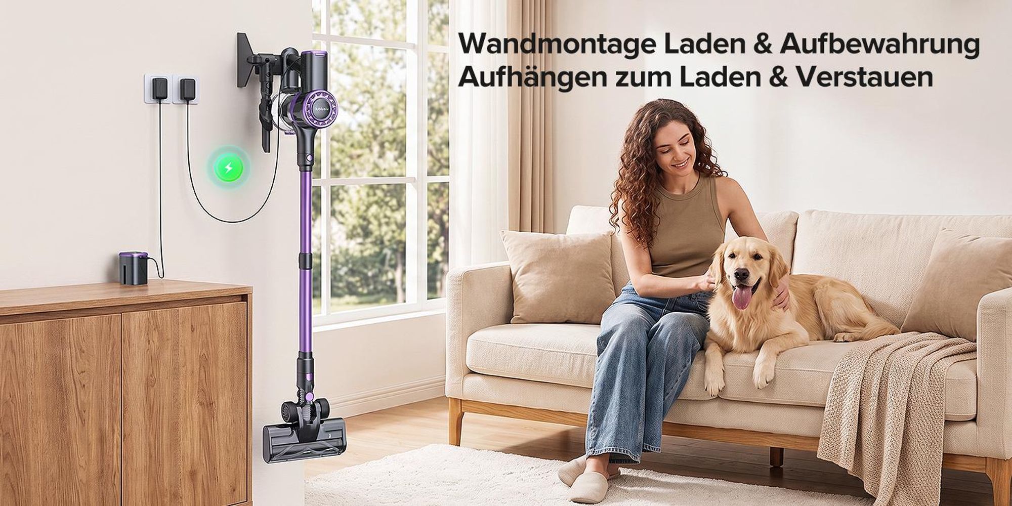 Lubluelu P2 75000 Pa Akku-Staubsauger Saugleistung, Anti-Haar-Verwicklungsbürste, Grüne Beleuchtung, Freistehend, Teppiche & Hartböden